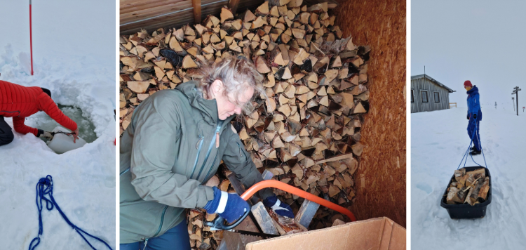 Carrousel van drie afbeeldingen - water halen uit een meer - houtzagen voor de Sauna - hout meenemen naar de hut