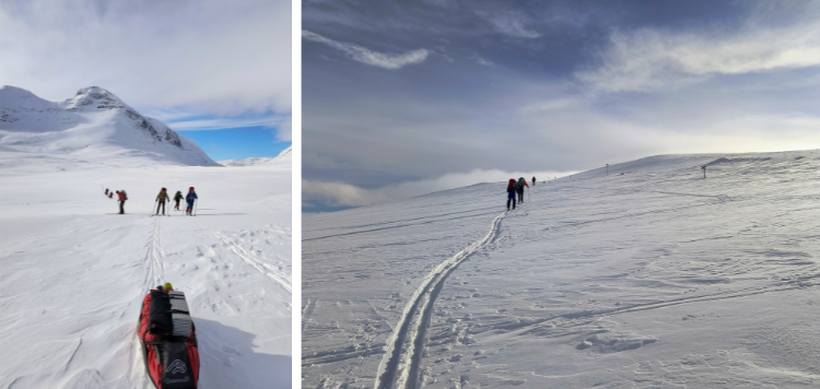 Carrousel van twee afbeeldingen van langlaufers in een uitgerekt sneeuw landschap