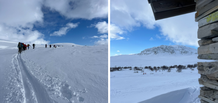 Een carrousel van twee afbeelding van dezelfde groep langlaufers