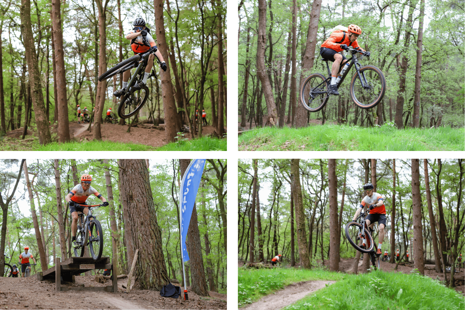 Vier foto's van springende Vasa instructeurs op de MTB