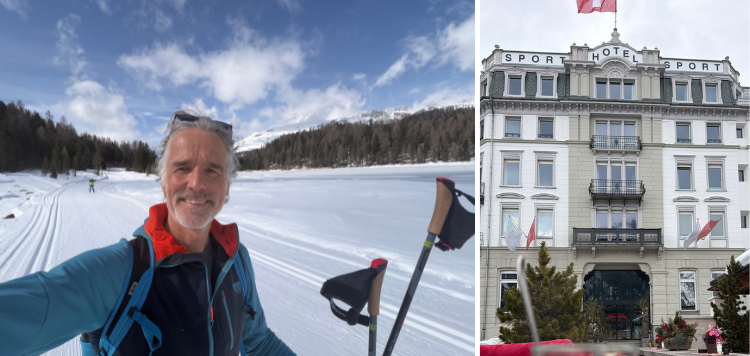 Carrousel van twee afbeelding. Eerste afbeelding is een selfie op een loipe en de tweede een foto van het Hotel