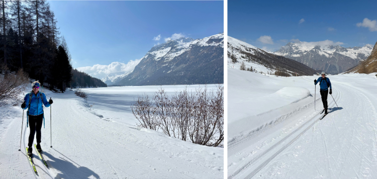 Carrousel. Links: Langlaufer poseert naast een meer. Rechts: Langlaufer op eenloipe