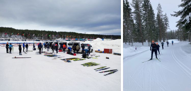 Een carrousel van een groep langlaufers in het bos en een groep die langlaufspullen uit een busje klaarlegt voor gebruik