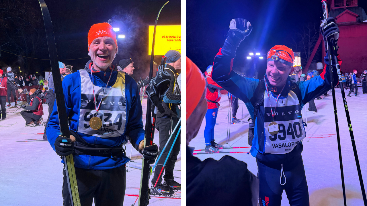 Afbeelding die aansluit bij het stukje tekst over de Nattvasan. Waarbij je twee deelnemers ziet die net over de finish zijn