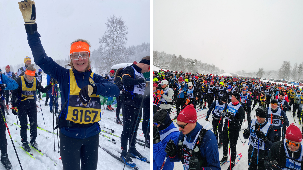 Afbeelding van de start van de Vasaloppet. Een deelnemer duidelijk te zien die er erg veel zin in heeft
