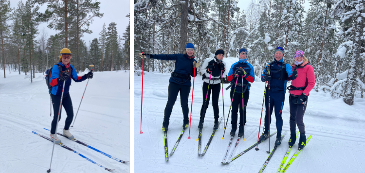 Lachende groepsfoto van langlaufers in een besneeuwd bos