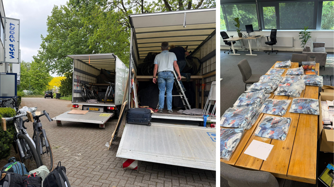 Het tellen van de shirts en inladen van de vrachtwagens