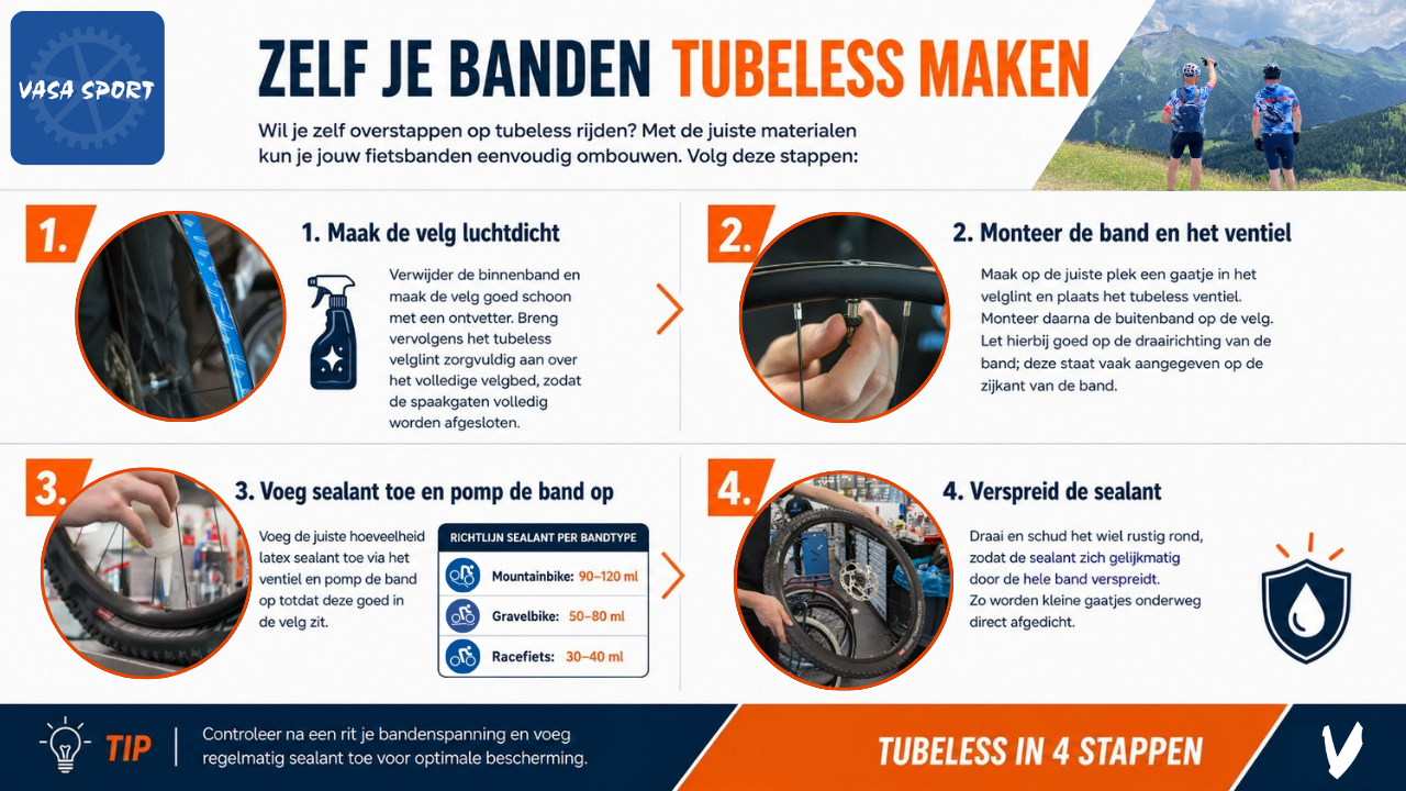 Infographic over hoe je je banden tubeless maakt