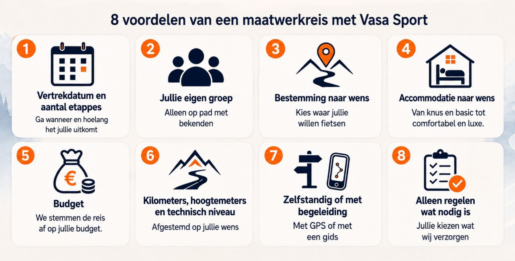 Infographic over de voordelen van een maatwerkreis met Vasa Sport