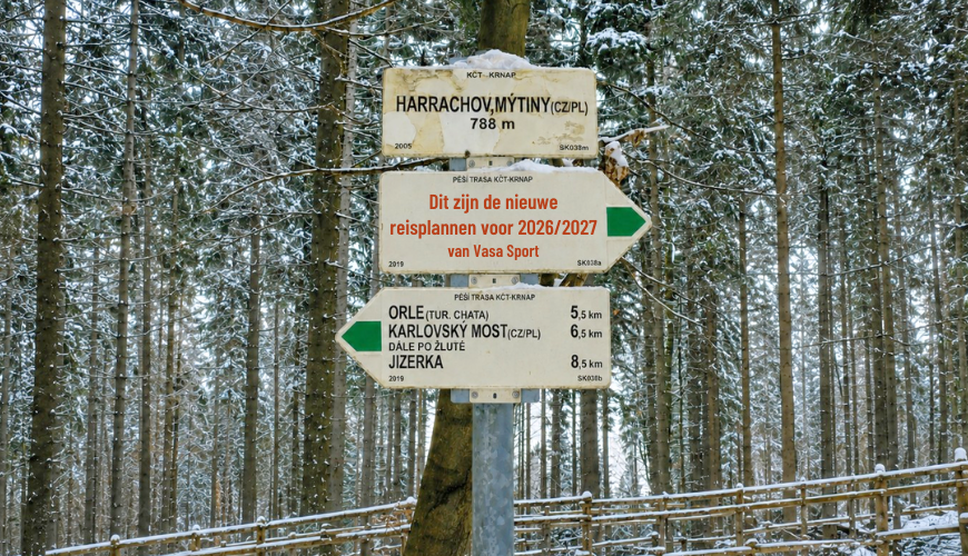 Verkeersbord met daarop: De nieuwe reisplannen van Vasa Sport