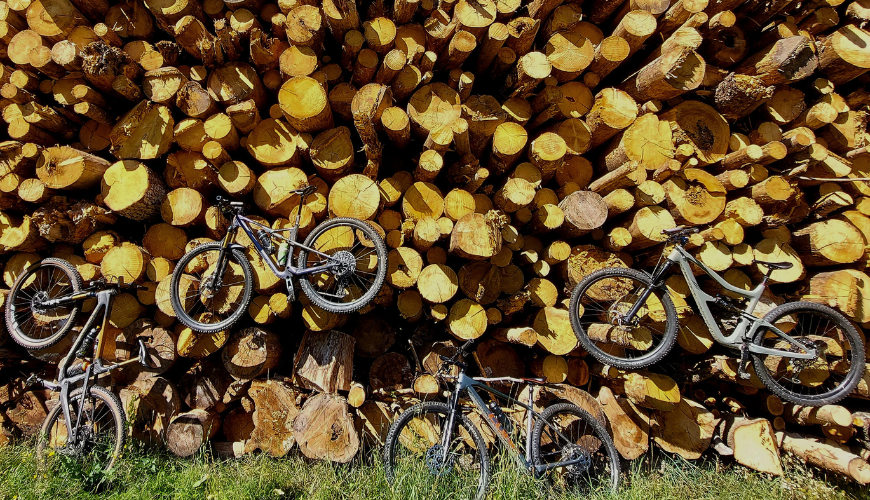 Vier fietsen die in tussen houten boomstammen hangen