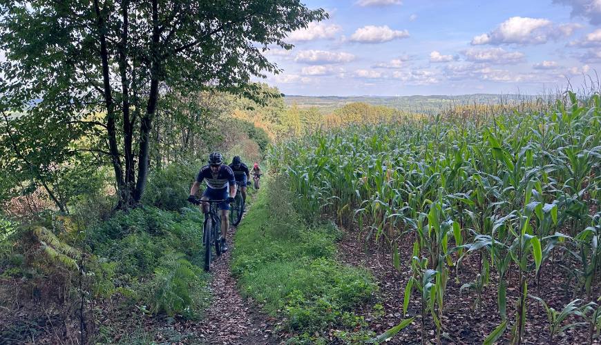 Een klim in het Teutoburger Wald voor drie MTB'ers